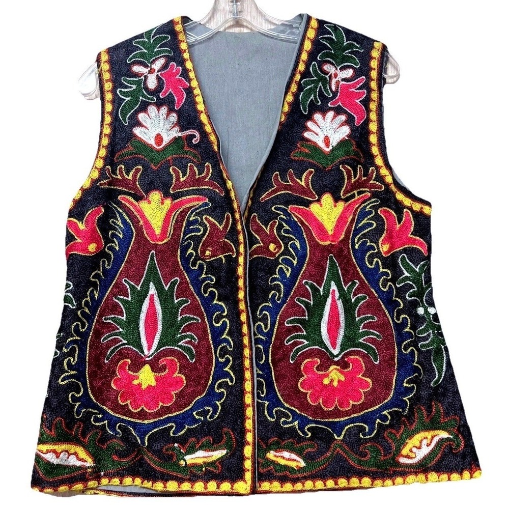 Vintage‎ Suzani Embroidered Vest Hand Stitched Floral Folk Art Boho Open Front